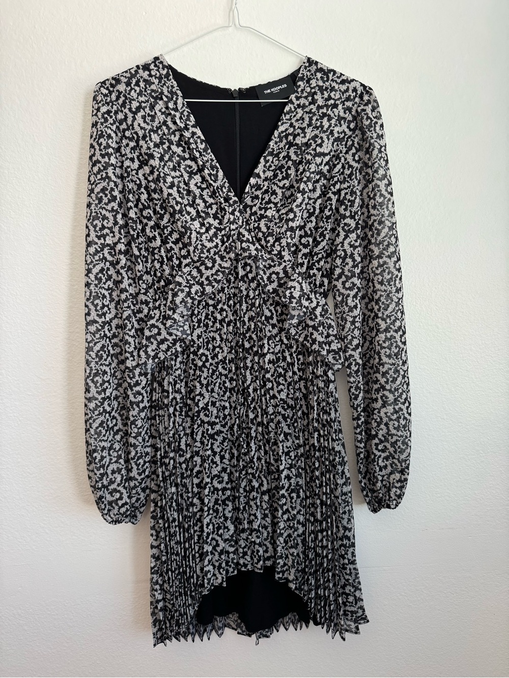 The Kooples - Black & White Floral V-Neck Long Sleeve Pleated Dress